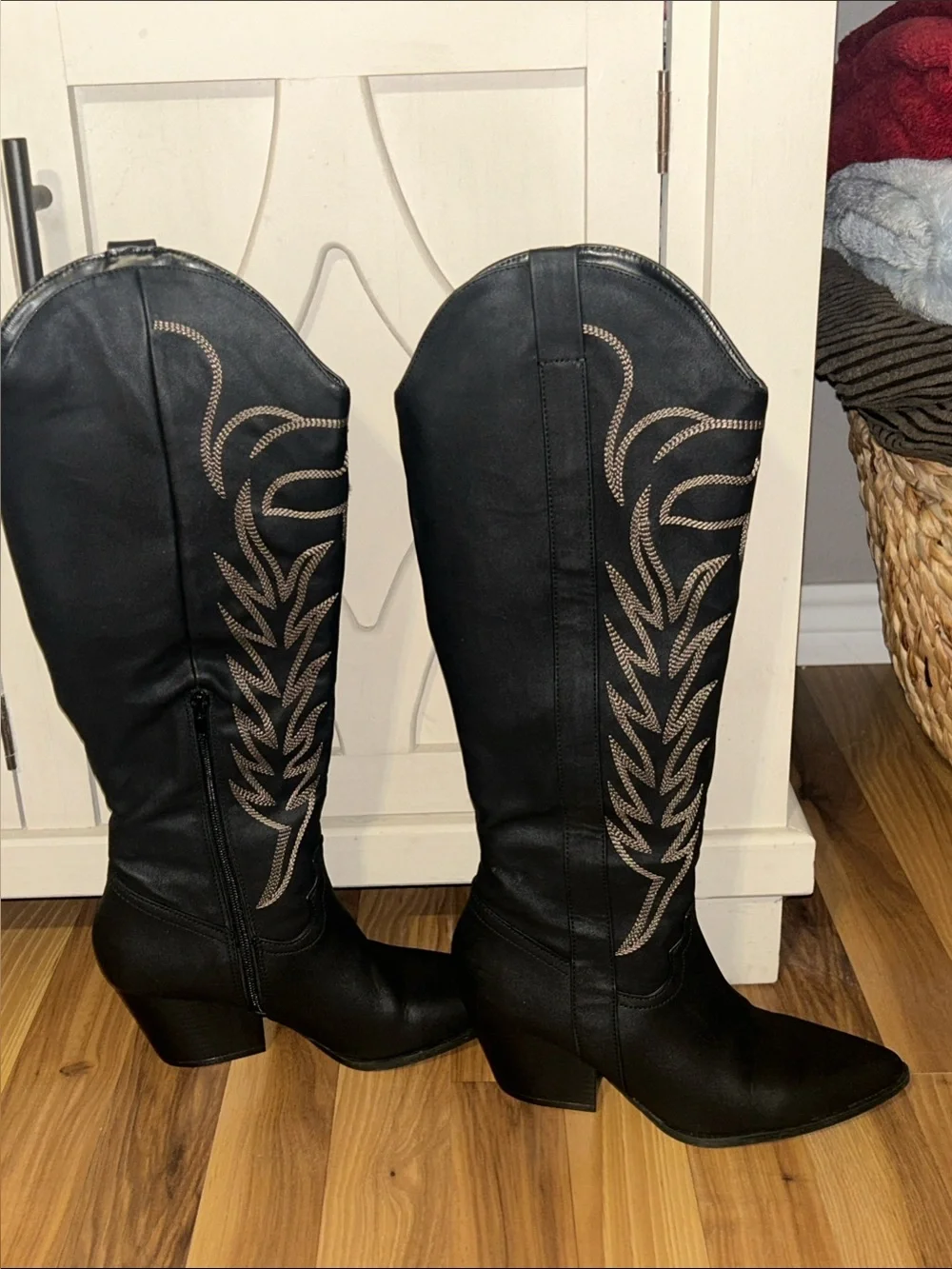 Qupid Black Over-the-Knee Western Boots with Taupe Embroidery